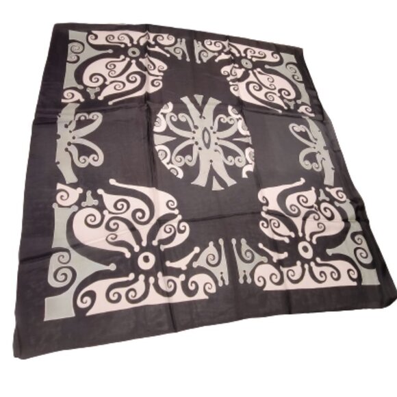 Handpainted Square Fuji Silk Scarf with black, white and sage green print - NEW - Picture 1 of 8